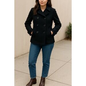 J.Crew Black Wool Classic Double Breasted Pea Coat Jacket Size 8 Preppy Nautical